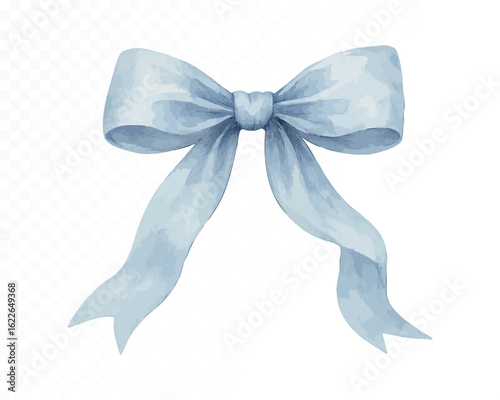 Vintage-style blue watercolor bow with elegant curves and soft hand-painted fabric texture on transparent background. Vector illustration.