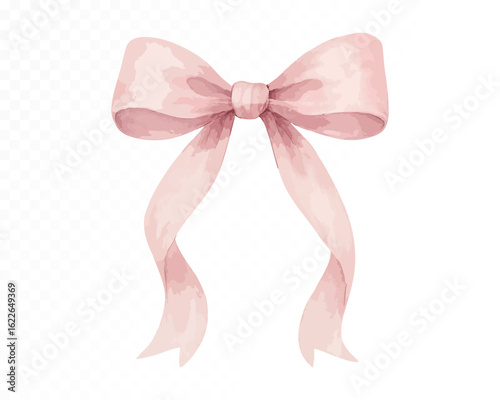 Pink watercolor bow with soft folded texture and gentle shading, hand-painted in pastel tones on transparent background. Vector illustration.