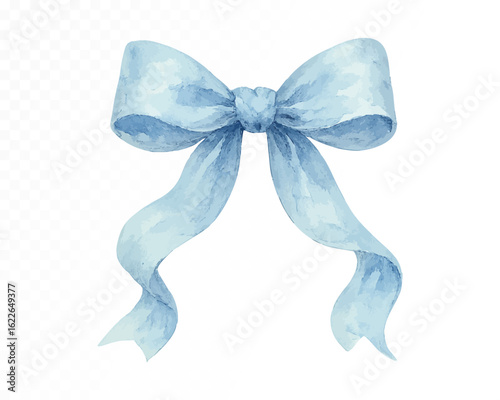 Vintage-style blue watercolor bow with elegant curves and soft hand-painted fabric texture on transparent background. Vector illustration.