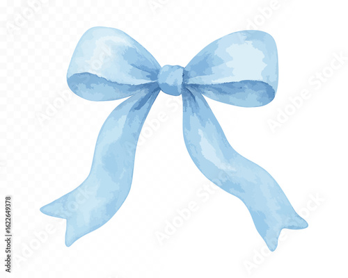 Light blue watercolor bow with soft texture and classic shape, perfect for decorative and festive design on transparent background. Vector illustration.