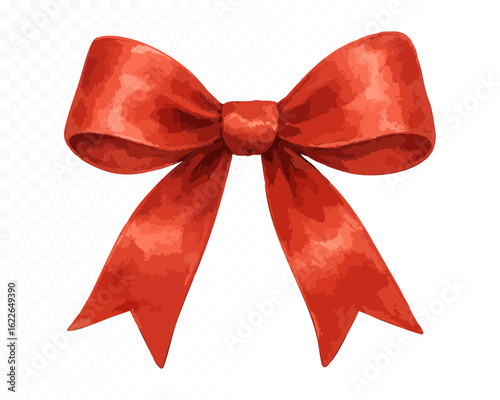 Deep red watercolor bow with rich shading and bold fabric texture, hand-painted in vibrant tones on transparent background. Vector illustration.
