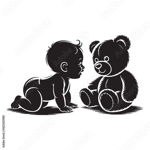 Adorable baby crawling towards a cuddly teddy bear in a simple black and white silhouette illustration