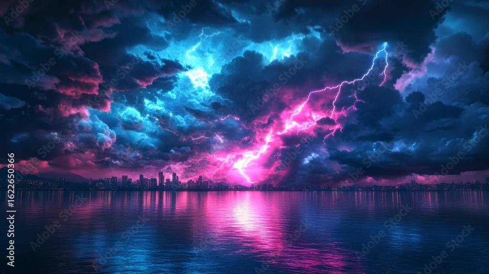 Fototapeta premium Dramatic cityscape at night with vibrant lightning strikes reflected in calm water.