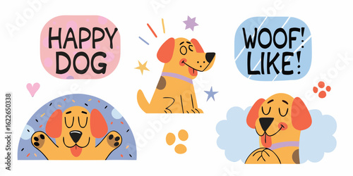 Cute Cartoon Dog Illustrations with Speech Bubbles and Decorative Elements