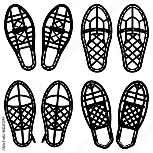 Illustration of multiple pairs of snowshoes with intricate webbing and black outlines on a white background