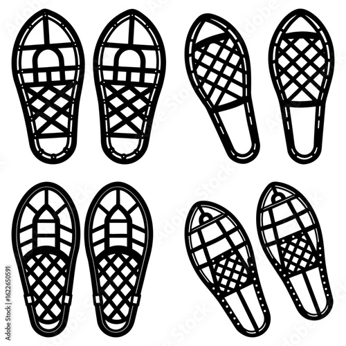 Illustration of several pairs of snowshoes with intricate webbing and distinct frame designs on white background