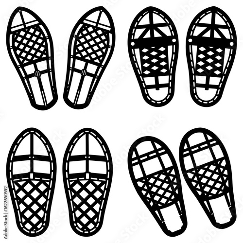 Collection of four pairs of snowshoes with various designs and orientations in a black and white image