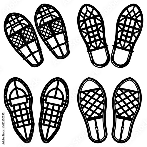 Illustration of four pairs of snowshoes with different designs in black and white outline style