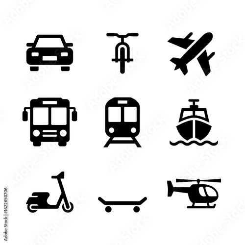 Variety of transportation methods in minimalist black icons ideal for web design and presentations illustrating travel options