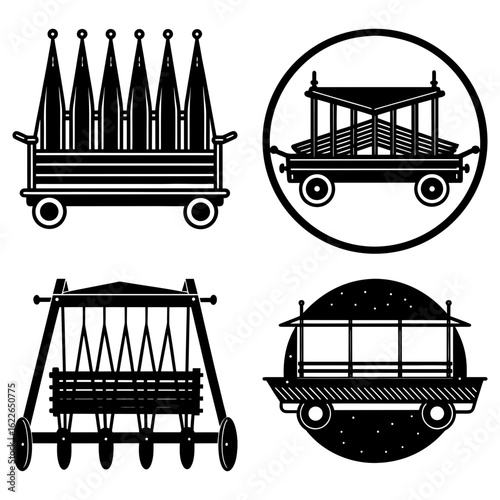 Four black and white illustrations of wheeled structures with varying designs and architectural elements