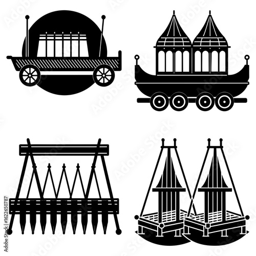 Illustration of four different traditional structures in black and white silhouette style art design