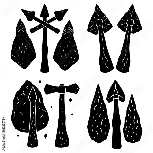 Collection of stone age tools including axes spears and arrowheads in a black and white woodcut style