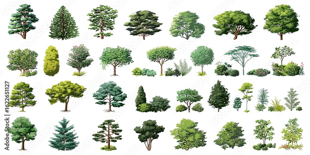 Fototapeta premium Top view of trees, bushes, and plants vector set on a white background. Illustration clip art collection isolated on a white background, with no shadow,