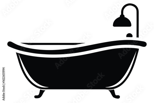 Simple Black Bathtub Illustration with Clawfoot Legs and Attached Shower Head Fixture