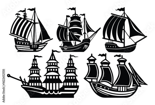Collection of Columbus black silhouette sailing ships and galleons