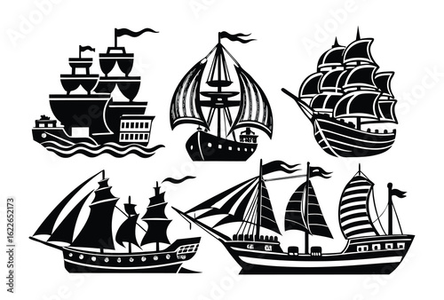 Collection of Columbus black and white sailing ship illustrations