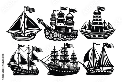 Columbus Black and white silhouette collection of sailing ships