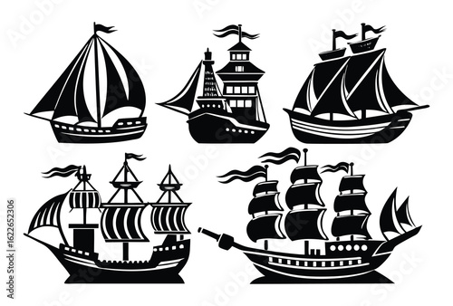 Five Silhouette Illustrations of Sailing Ships and Galleons Columbus