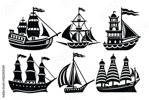 Six Silhouette Illustrations of Sailing Ships and Galleons Columbus