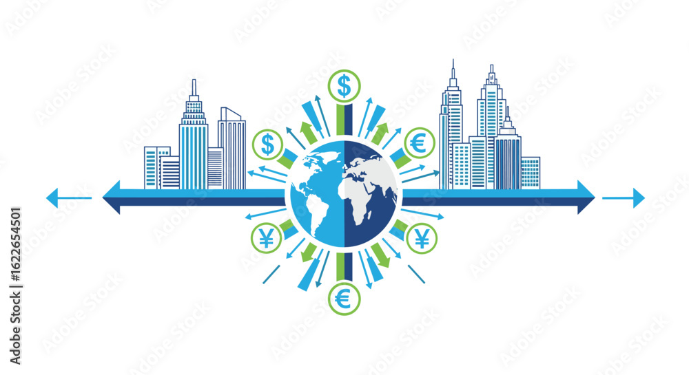 Obraz premium A vector illustration depicts a global financial landscape with currency symbols and city skylines, symbolizing international economics and business, on a white backdrop.
