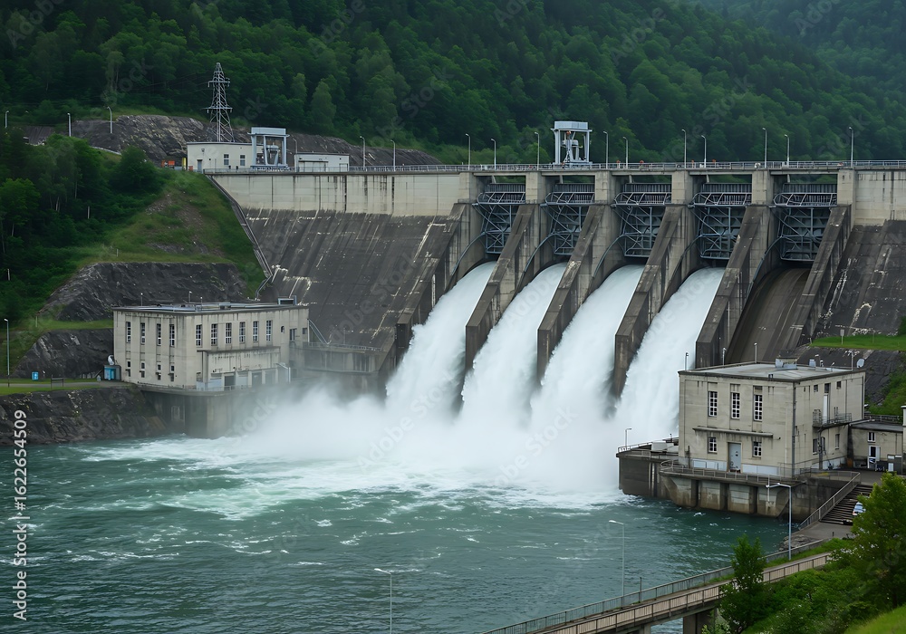 Hydroelectric Dam with Water Flowing Through Turbines Surrounded Hydroelectric Dam with Water Flowing Through Turbines Surrounded