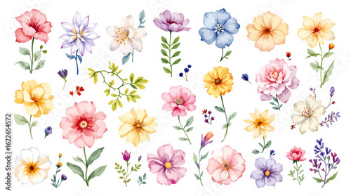 Dreamy watercolor garden border with blooming countryside flowers