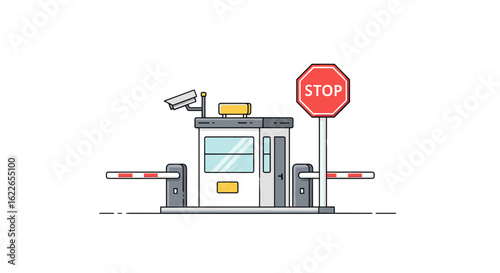Security booth with stop sign and gate barrier, line art style illustration, perfect for security, access control, and safety concepts. Ideal for websites, apps, and presentations needing a simple,