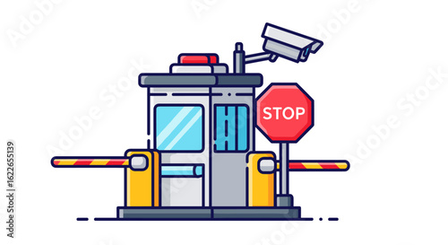 An illustrated toll booth with a stop sign and security camera, designed in a flat vector style, representing automated payment and traffic control.