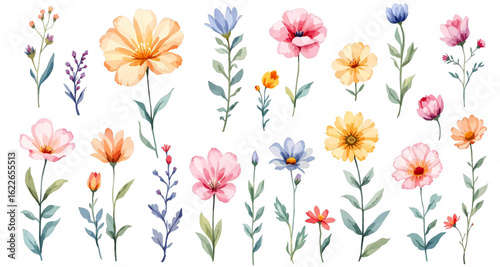 Spring inspired watercolor floral landscape with gentle hues