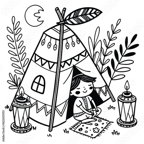 A smiling child relaxing inside a teepee with decorative plants and lanterns outlined
