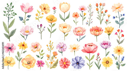 Dreamy spring meadow illustration with light flowing floral stems