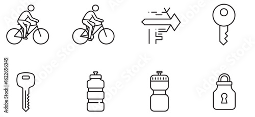 Vector icon set featuring bicycles directional signs keys and water bottles