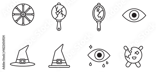 Vector illustration of halloween themed icons in simple black and white outline