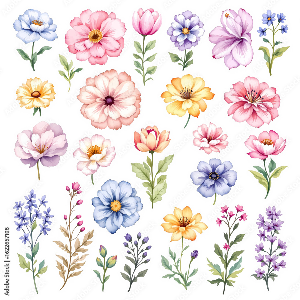 Obraz premium Vibrant set of colorful flowers in a vector illustration featuring various botanical elements for creative designs