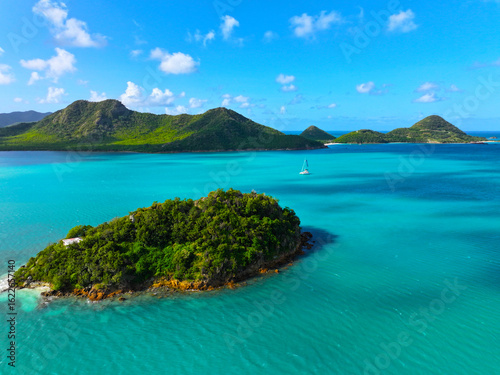 Antigua and Barbuda. West Indies. Caribs. Lesser Antilles. Atlantic Ocean. Incredible colors and views. Ocean view. Drone view. View from above. The most beautiful place in the world. Yacht. Sailing c