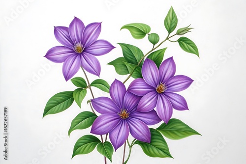 Vibrant purple clematis flowers with green leaves on white background