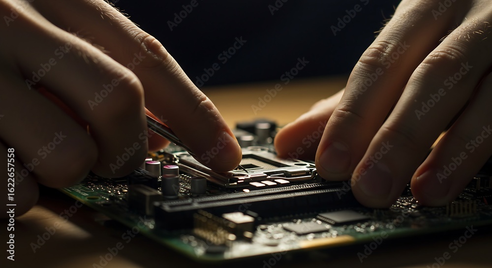 Fototapeta premium Female engineer adjusting circuit board under lamp ultra-sharp macro focus hands motherboard soft warm workspace lighting generative ai