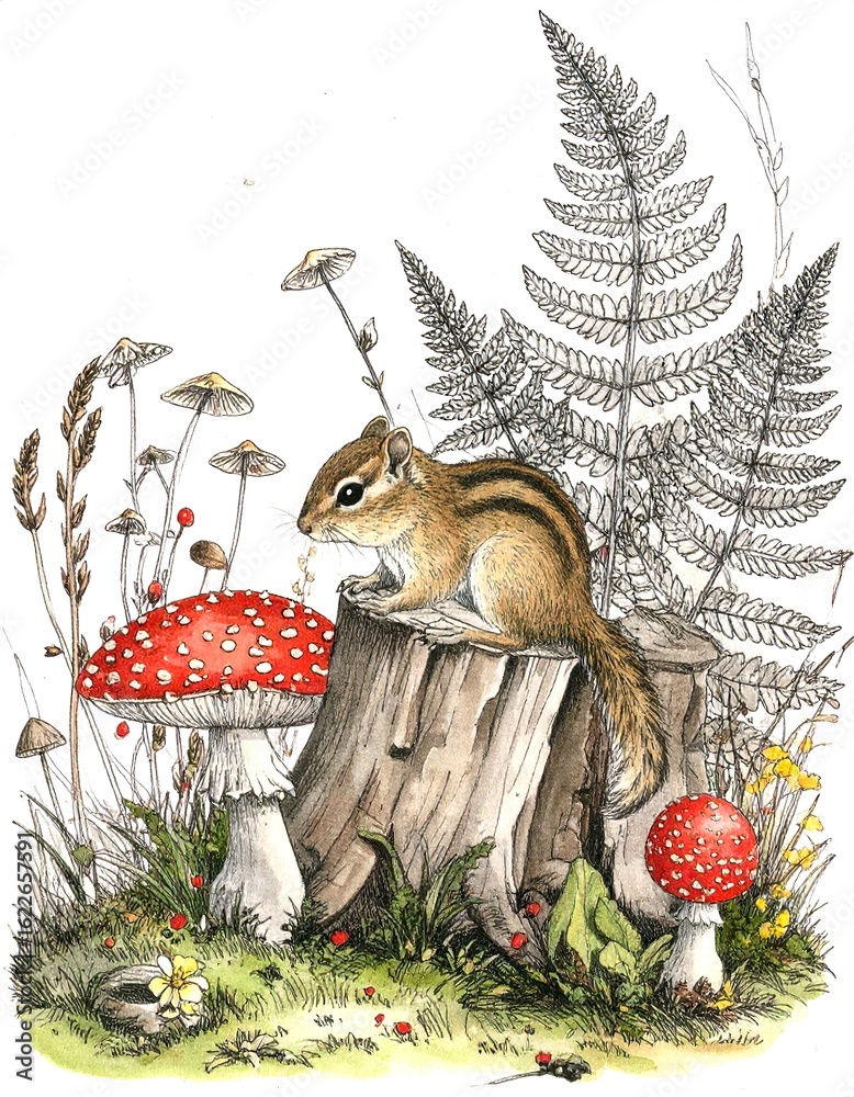 Obraz premium Chipmunk Forest Scene Ink Drawing