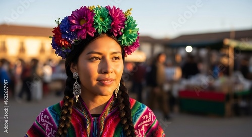 Portrait of indigenous woman at a market. Perfect for cultural events, travel, heritage projects, International Day of the World’s Indigenous Peoples campaigns, or folk art.
