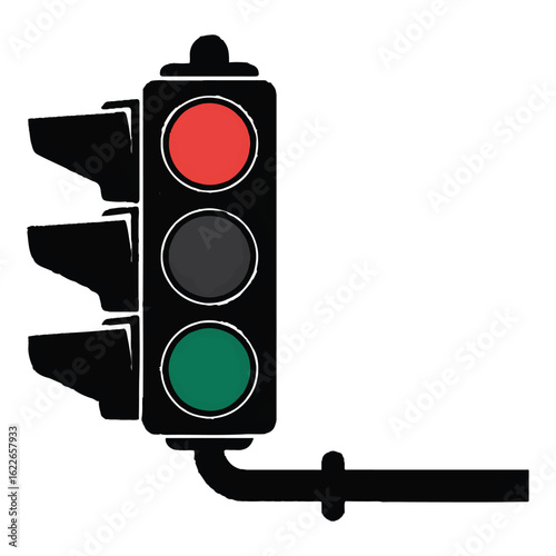 Vertical traffic light with red green and yellow lights illuminated on white background