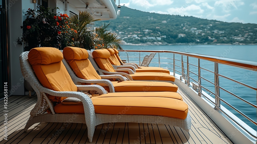 Fototapeta premium Comfortable outdoor lounge chairs on a luxury cruise ship deck.