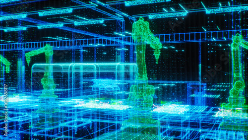 Future of Autonomous Factories with Advanced Robot Arms and Computer Vision. Digital Twin Simulation of Robotic Automation in High-Tech Manufacturing and Industry 4.0 Applications. Advanced Production