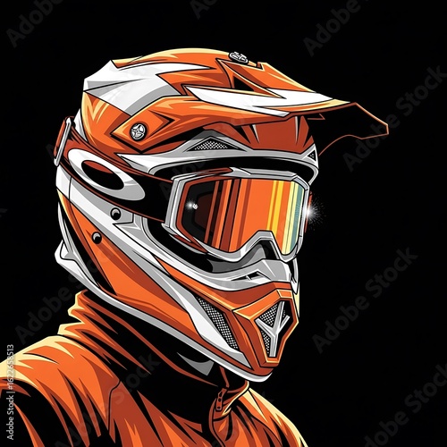Orange and white motocross helmet on black background illustration