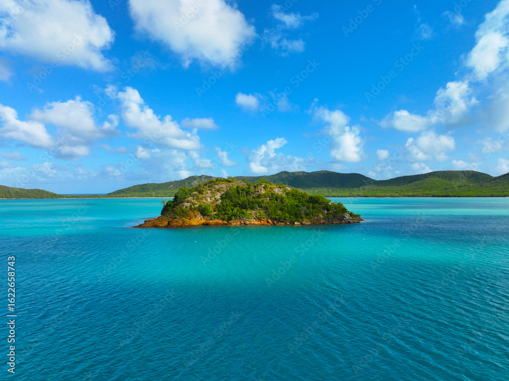 Fototapeta premium Antigua and Barbuda. West Indies. Caribs. Lesser Antilles. Atlantic Ocean. Incredible colors and views. Ocean view. Drone view. View from above. The most beautiful place in the world. Yacht. Sailing c