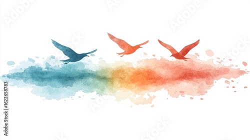 Colorful Watercolor Birds Flying Over Vibrant Abstract Background
