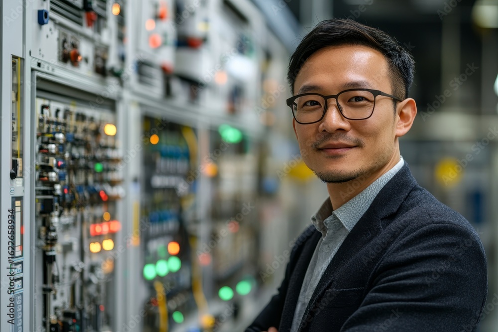 Fototapeta premium Production manager overseeing the control panel in a modern industrial factory, ensuring the smooth operation of the production process with robotics and automation, Generative AI