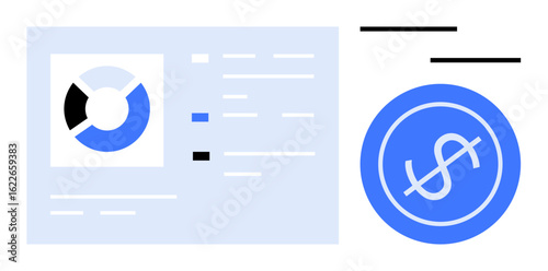 Pie chart and textual data elements complementing a blue dollar sign icon. Ideal for finance, analytics, business growth, economy, investment planning, budgeting, and corporate strategy. Clean flat