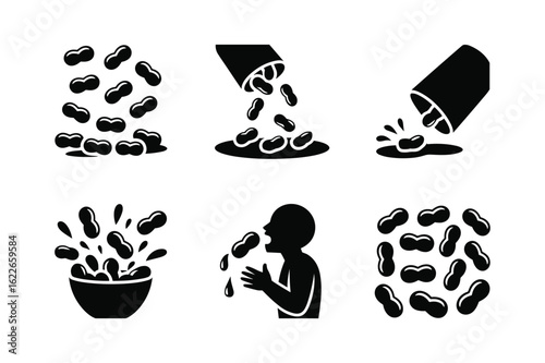 Scattered peanuts falling from containers and being eaten spilling bowl