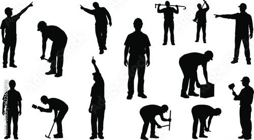 Silhouetted construction workers using tools, in action poses, manual labor, industrial site, teamwork, safety gear, job site environment, professional occupations