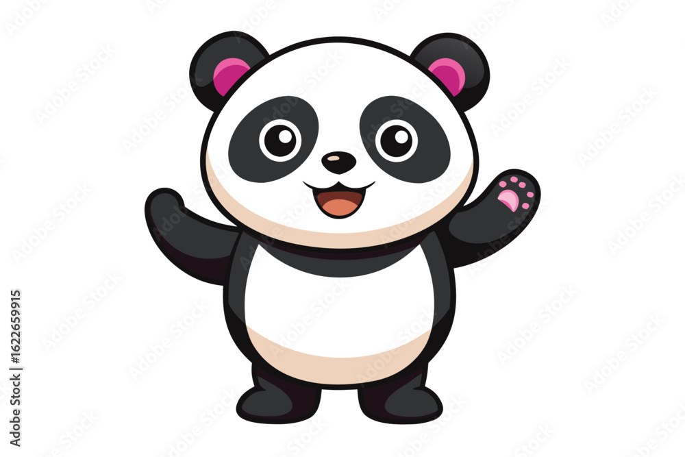 Fototapeta premium Cheerful Cartoon Panda Waving with Pink Paw Pads Isolated on White Background Illustration